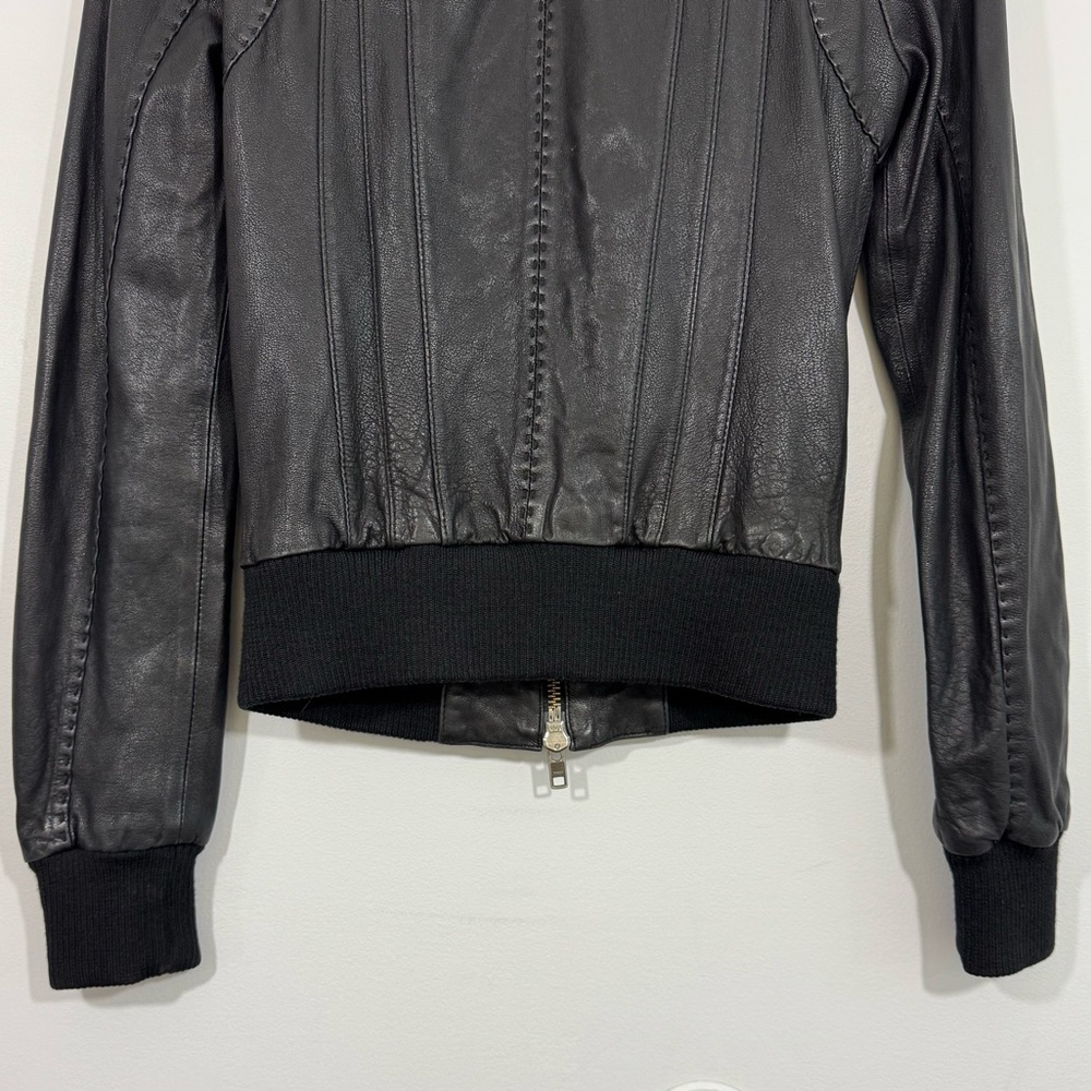Mackage Dark Leather Jacket with Ribbed Details - Picture 12 of 16